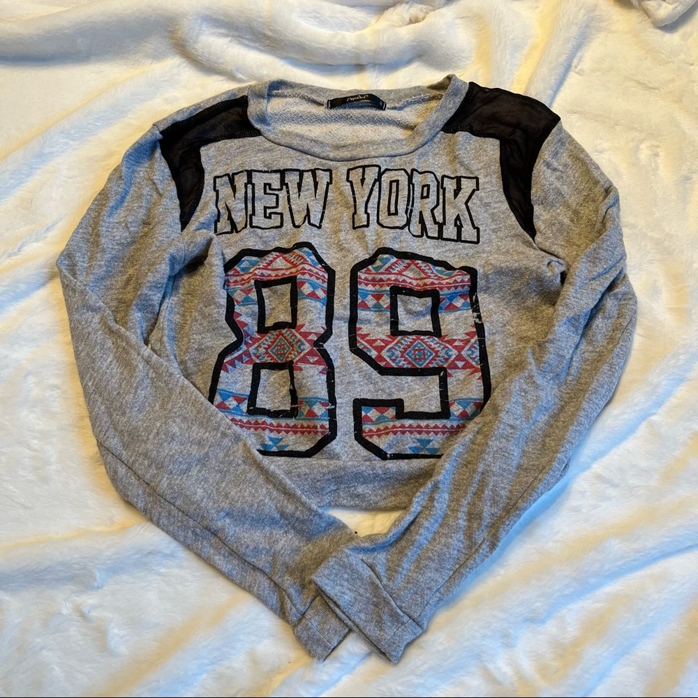 Papaya gray long sleeve crop top with black mesh panels